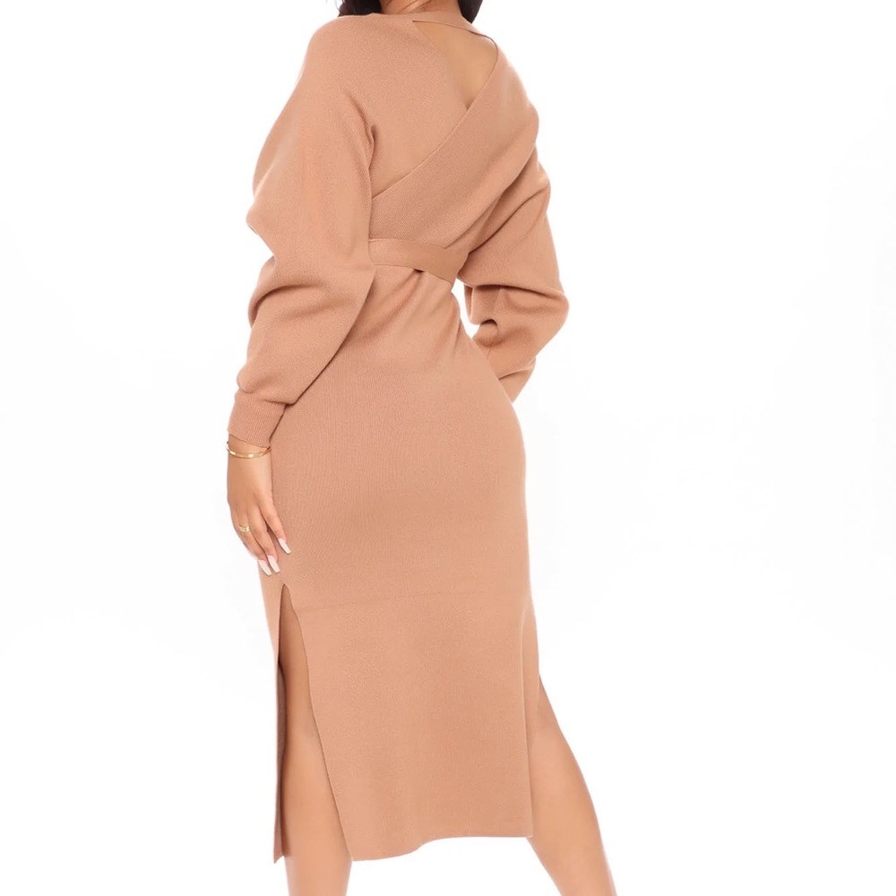 NWT FASHION NOVA TAN CAMEL  MIDI BELTED SWEATER DRESS  S - Picture 3 of 9